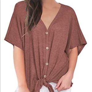 Loose Waffle Short Sleeve V-Neck-Rust